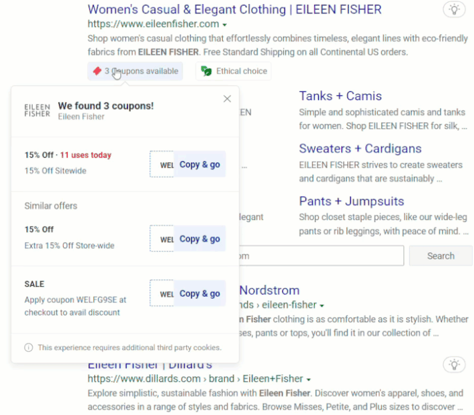 Microsoft Bing's Coupons available annotation