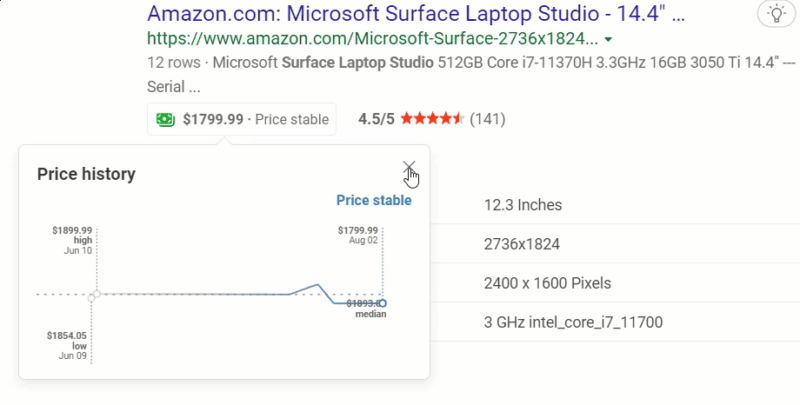 Microsoft Bing's Price history annotation