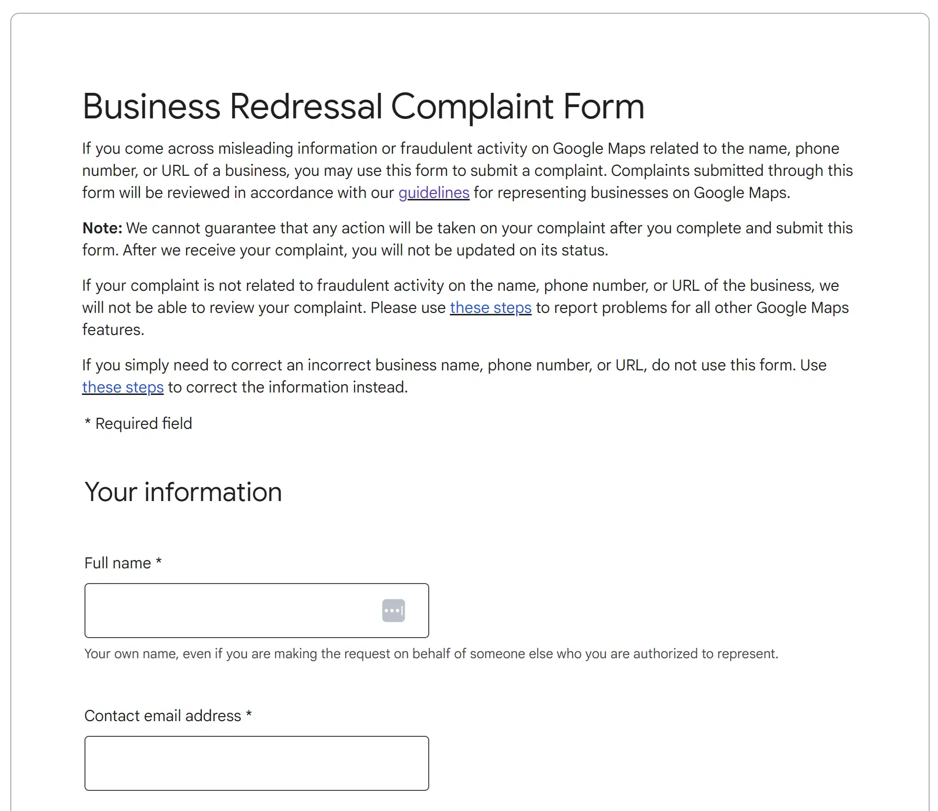 Business redressal complaint form