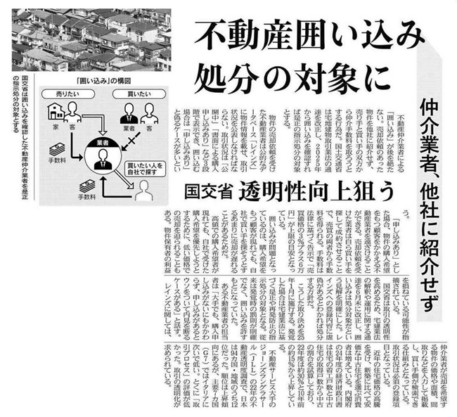 日経新聞朝刊5面「不動産囲い込み処分の対象に」